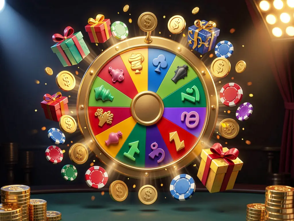 VELOWIN88 online casino bonus wheel with colorful prize wheel surrounded by golden coins, chips, and gift boxes, glowing casino lights creating an exciting jackpot atmosphere on a dark background