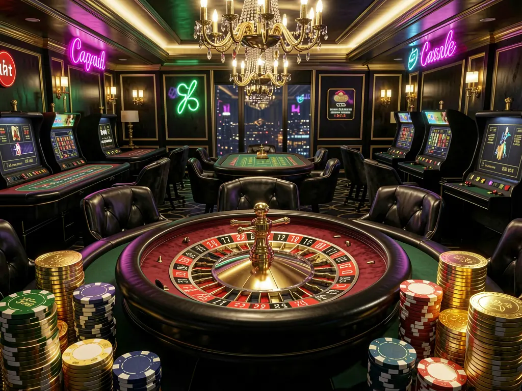 Luxury VELOWIN88 online casino hall featuring a roulette table, poker chips, golden coins, and glowing neon lights in a premium black and gold atmosphere