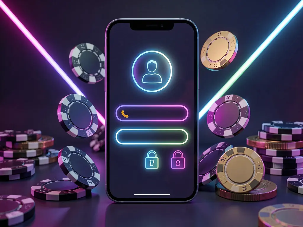 VELOWIN88 mobile gaming login page concept on a smartphone with abstract user and lock icons, surrounded by casino chips and coins under luxury neon lighting