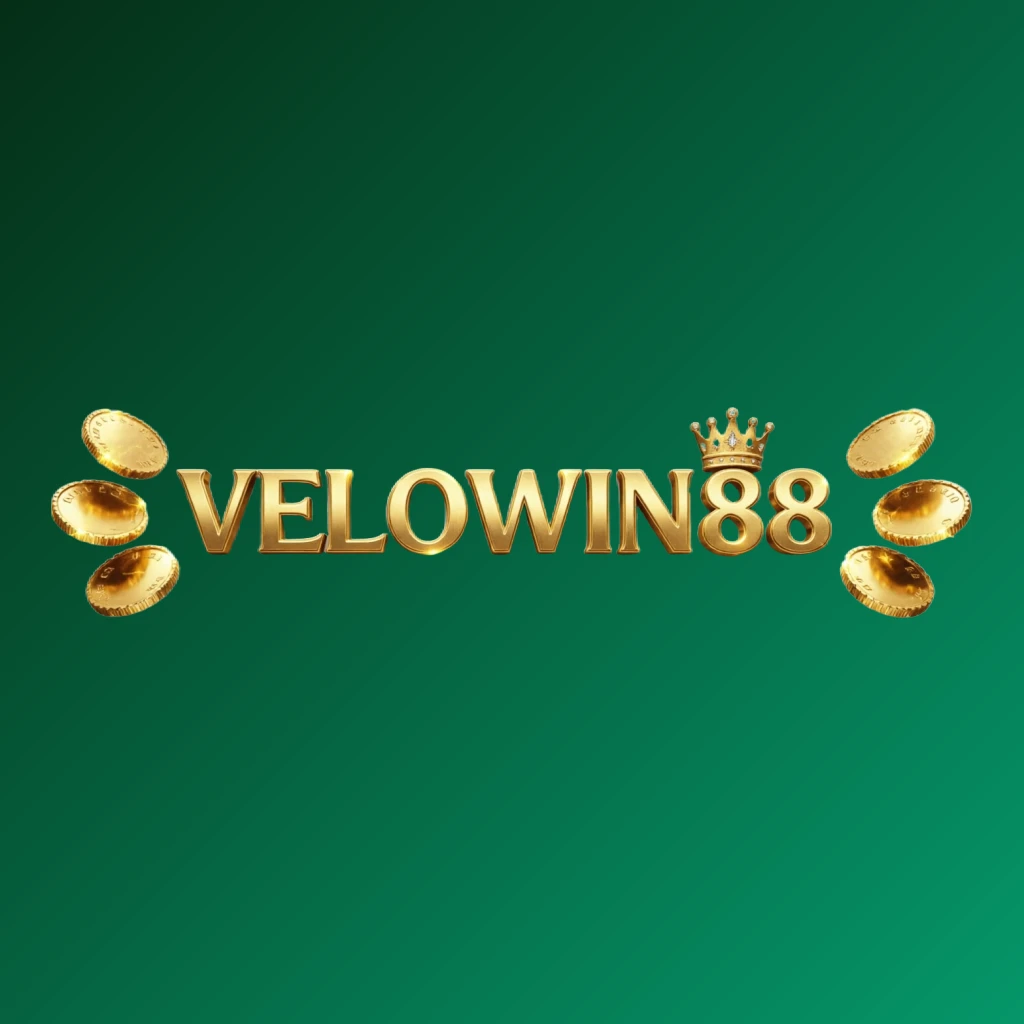 VELOWIN88 casino-style logo with golden letters, a crown element, and sparkling coins, set in a luxury gaming atmosphere on a transparent background, designed as a horizontal rectangular wordmark logo for a website header